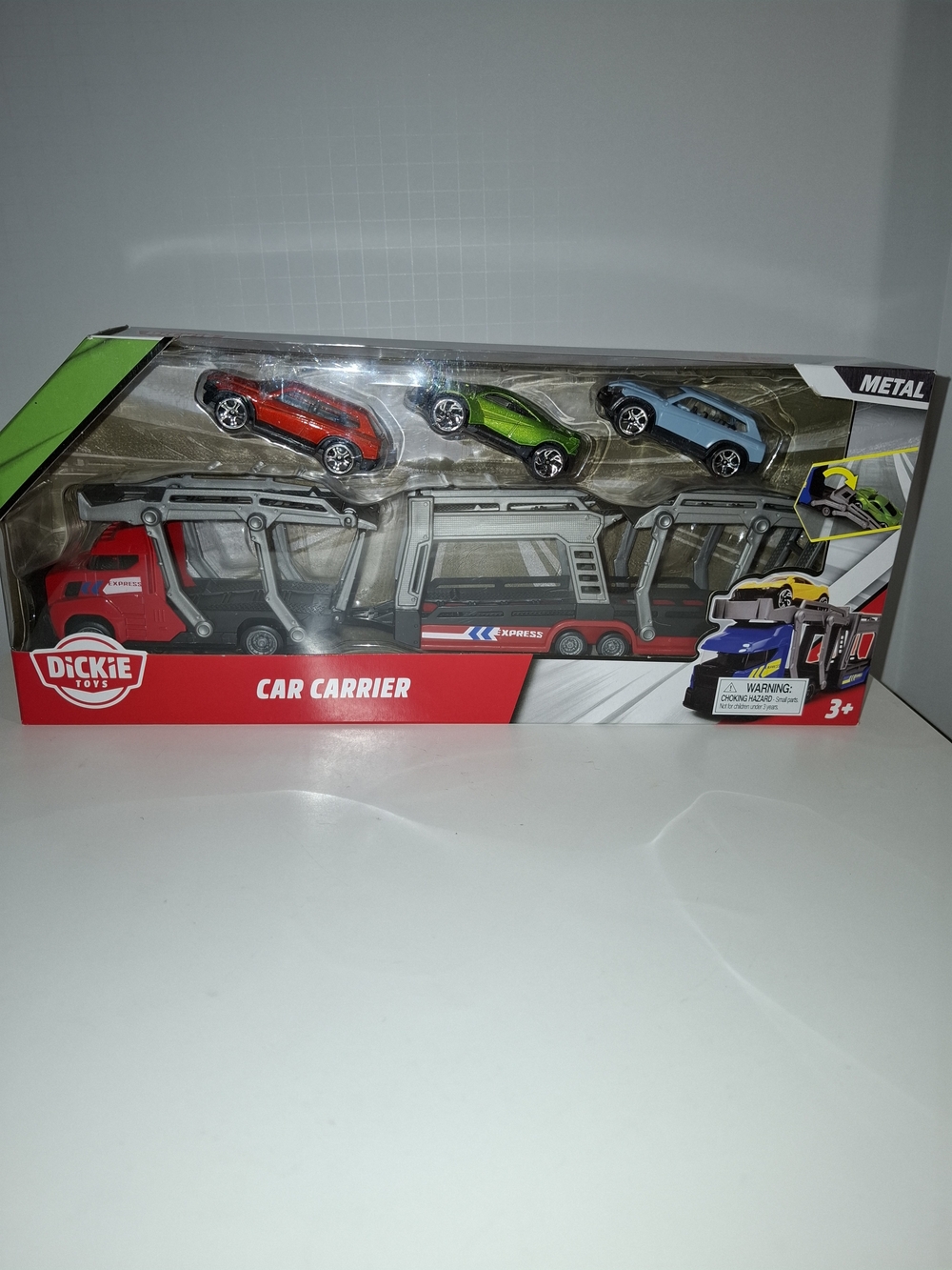 Express Red Car Carrier Toy with Red, Green and Light Blue Metal Cars